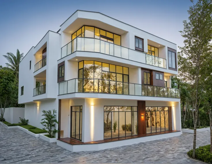 modern villa on street, (daylight), tropical tree, vivid colour, streetcapes, white tone, white wall, large glass door, warm int...