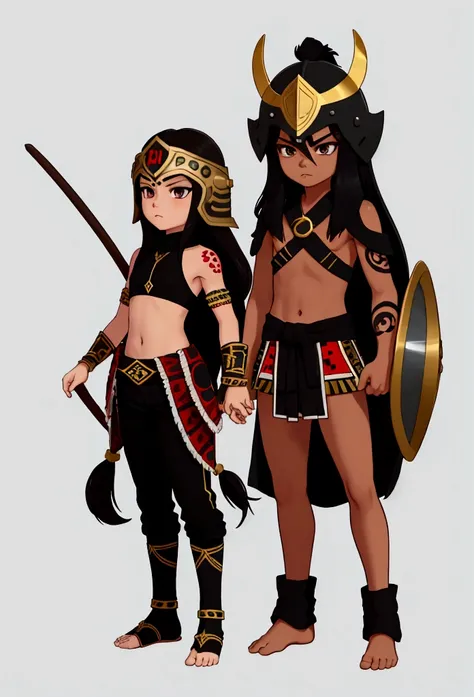 higrres 1 boy, joung boy, 15 years old, all lefth arm aztec tatto, bare soulders, full body, nails, black eyes, black hair, aztec weapon, long hair, looking at viewe, male focus, tattoo, aztec shield, aztec, tribal warrior, tribal armor, dark-skin, mask, (...