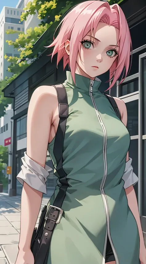 masterpiece, 1 girl, exceptional style, pure white one shoulder, outdoor, upper body, sakura haruno, bright green eyes, pink hai...