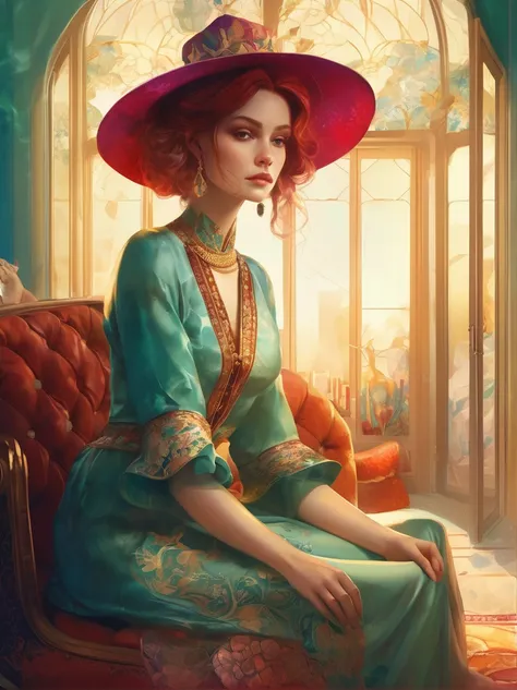 in style of Anna Dittmann, full body portrait of character sitting in the living room