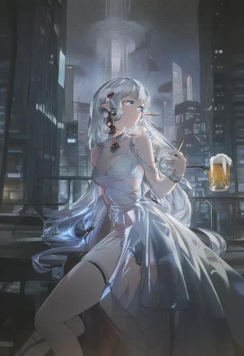 detailed, aesthetic, beautiful, beautiful color, amazing quality, best quality, futuristic city, neo lights, sci-fi, night, 1girl, white hair, blue eyes, translucent dress, solo, long hair, smoking, beer 