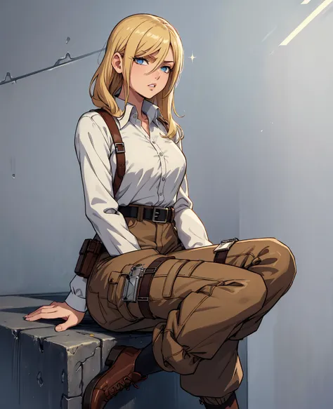 aot style, shingeki no kyojin,, , christa renz,, 1girl, belt, belt buckle, blonde hair, blue eyes, brown footwear, brown pants, buckle, chest belt, collared shirt, diamond (shape), floating hair, from side, full body, grey background, hair between eyes, ha...