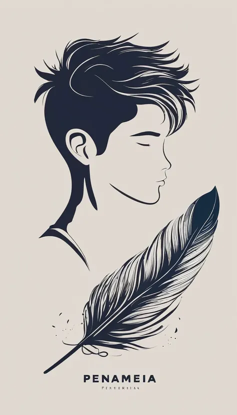 Create a minimal, modern, simple, inspirational, memorable, dream like logo design of a boy and a feather for the brand “Penamemoria".