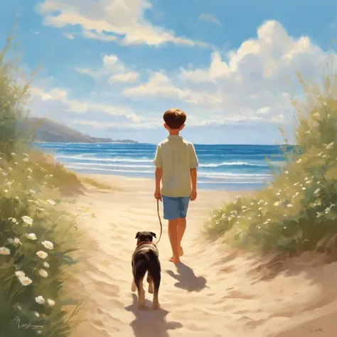 “In the style of Studio Ghibli, depict a serene summer scene by the seaside. A young boy walks along the shore with his dog, the ocean waves gently lapping at the sand. The sky is a vibrant blue, dotted with fluffy white clouds, and the sunlight bathes the...