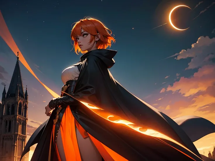 A female character with short orange hair wearing a flowing cape and crowd dressed in cape and hood, night sky, Eclipse, 8k, Magnificent, adulto, armadura detalhada, Magnificent, lo gothic, Cidade medieval dourado preto, fluttering cover, entardecer