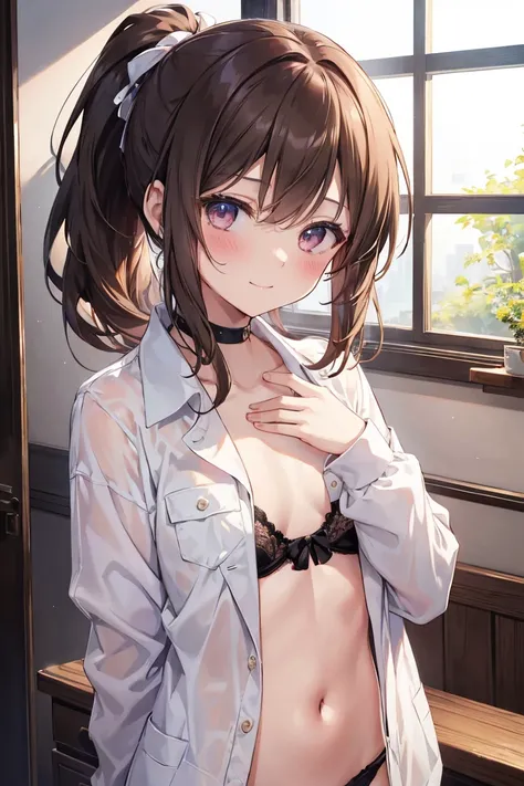 Highest quality, masterpiece, High resolution, 一人in, {sarinoga_Fleet Collection:1.15}, brown_hair, length_hair, ponytail, ~ side_ponytail, hair_between_eye, green_eye, chests, ~ sidelocks, big_chests, smile, pocket, chest_pocket, chimney, One girl, blush, ...