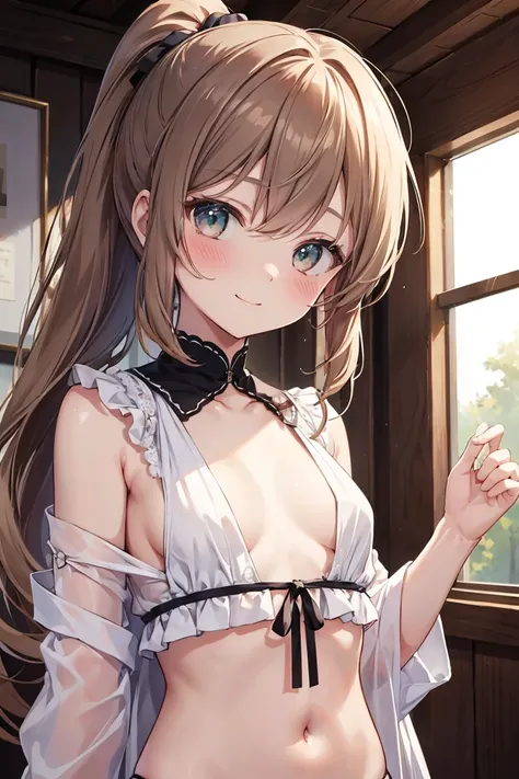 Highest quality, masterpiece, High resolution, 一人in, {sarinoga_Fleet Collection:1.15}, brown_hair, length_hair, ponytail, ~ side_ponytail, hair_between_eye, green_eye, chests, ~ sidelocks, big_chests, smile, pocket, chest_pocket, chimney, One girl, blush, ...