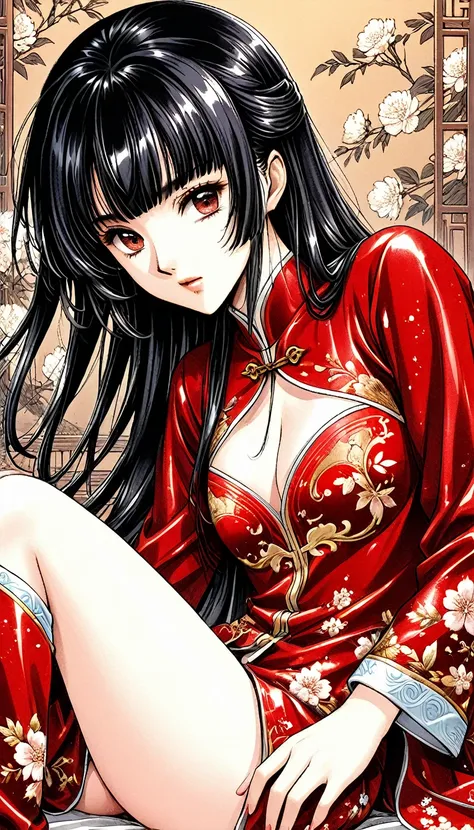 A tragic historical drama in 8k live-action style: Beautiful palace secrets　Beautiful Chinese Kung Fu Princess with long black hair spreading her pussy　Gorgeous embroidery, Ultra glossy, She is wearing a shiny red top and bottom long sleeve floral pajama k...