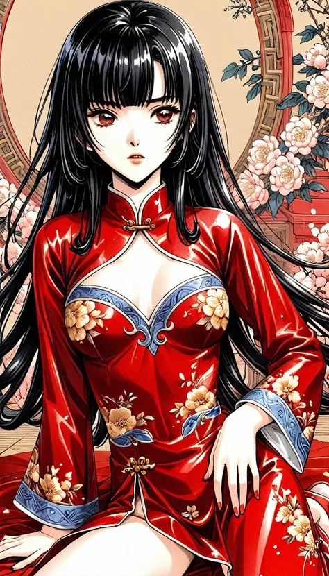 A tragic historical drama in 8k live-action style: Beautiful palace secrets　Beautiful Chinese Kung Fu Princess with long black hair spreading her pussy　Gorgeous embroidery, Ultra glossy, She is wearing a shiny red top and bottom long sleeve floral pajama k...