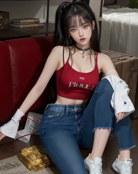 arafed woman sitting on the floor red top jeans pants deep blue eyes., dilraba dilmurat, chen powder, sakimichan, jisoo from bla...