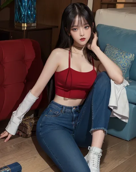 arafed woman sitting on the floor red top jeans pants deep blue eyes., dilraba dilmurat, chen powder, sakimichan, jisoo from bla...