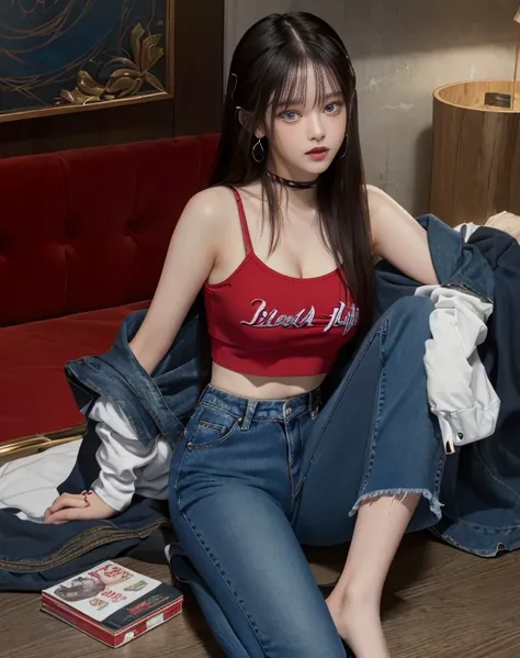 arafed woman sitting on the floor red top jeans pants deep blue eyes., dilraba dilmurat, chen powder, sakimichan, jisoo from bla...