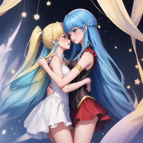 (masterpiece, best quality) 2girls hug each other (2girls with 2arms each one) (blonde and blue hair) size difference