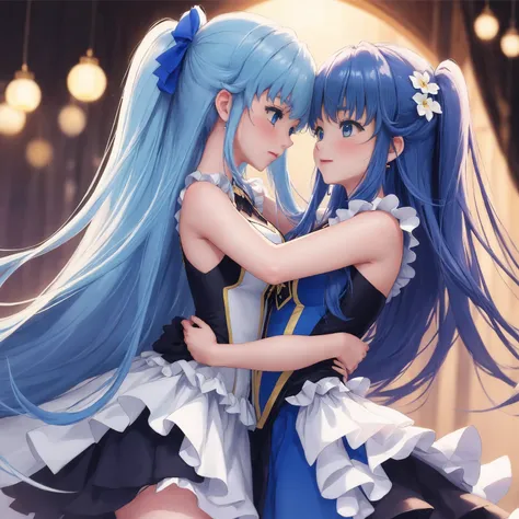 (masterpiece, best quality) 2girls hug each other (2girls with 2arms each one) (blonde and blue hair) size difference