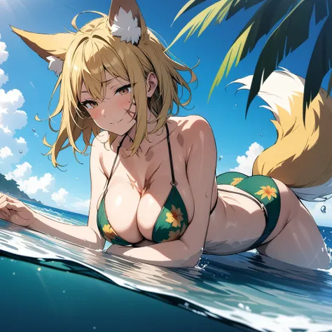 (masterpiece,best quality,very aesthetic,ultra-detailed),(illustration,official art),nsfw,solo,BREAK,1girl,30yo,curvy,large breasts,tall,stout build,bewitching,(blonde fox ears),(a fox tail),(blonde hair,short hair,messy hair),disheveled hair,(brown foxy e...