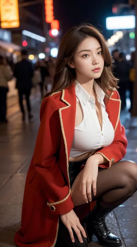 (8K, best quality, masterpiece:1.3), very cute beautiful girl, 1 Girl, Science Fiction, Night streets of downtown Los Angeles, Upper Body, 32k, RAW photos, Practical, Photo-realistic, Short Bob Hairstyle, Chestnut hair, Looking at the audience, For the aud...