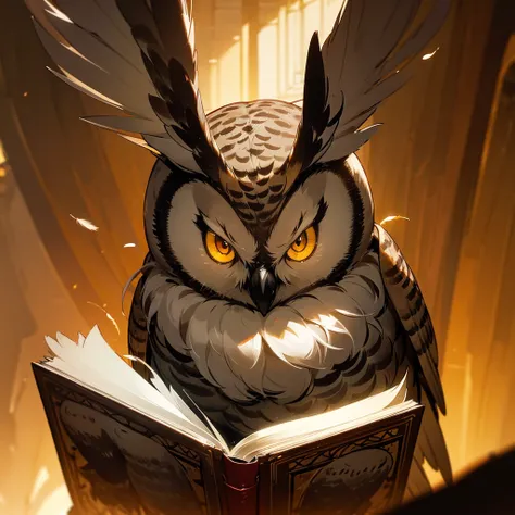 a detailed portrait of an owl wearing glasses, holding an open book, intricate feather textures, beautiful amber eyes, natural lighting, photorealistic, high resolution, detailed, cinematic, dramatic lighting, warm colors, studio lighting