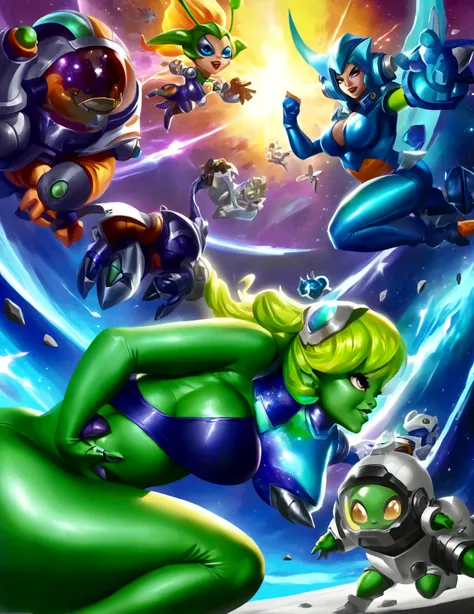 A battle is happening in space. Space fairies (cute women in sparkly blue sexy outfits that leave sparkling magic trails) are shooting lightning at space goblins (hot ugly women, green skin, a little chunky, big tits, wide hips, scrap metal space suits, sc...