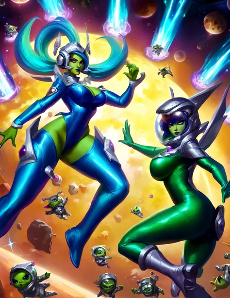 A battle is happening in space. Space fairies (cute women in sparkly blue sexy outfits that leave sparkling magic trails) are shooting lightning at space goblins (hot ugly women, green skin, a little chunky, big tits, wide hips, scrap metal space suits, sc...