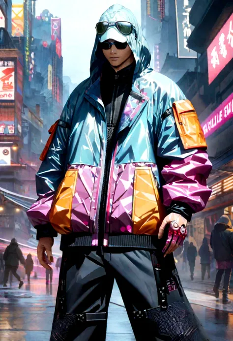 Alavid image of a human T-rex in a raincoat and pants, highly detailed kimono, stylish coat for a rave, clothing concept, trigger anime artstyle, wearing japanese techwear, hyperreal rendering, techwear look and clothes, digital art render, realistically r...