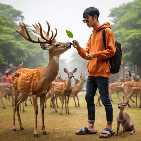 Realistic photo, looks like a 27 year old Indonesian man, thin body, very short hair, wearing an orange hoodie, wearing sunglasses, wearing long black jeans, wearing blue flip-flops,It looks like he is feeding the deer with a leaf , looks different. variou...