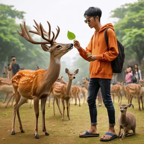 Realistic photo, looks like a 27 year old Indonesian man, thin body, very short hair, wearing an orange hoodie, wearing sunglasses, wearing long black jeans, wearing blue flip-flops,It looks like he is feeding the deer with a leaf , looks different. variou...