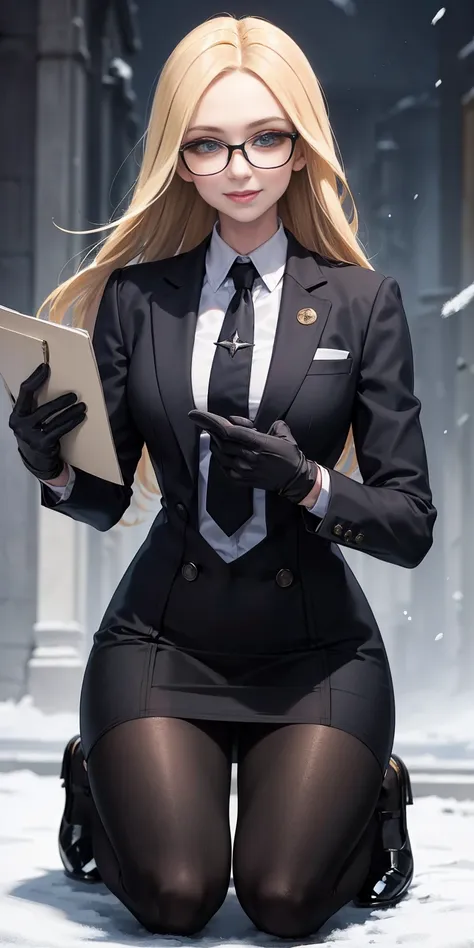 masterpiece, best quality, blonde hair, sfkolin, glasses, black shiny skirt suit (((three-piece suit))) necktie, blazer, suit ja...