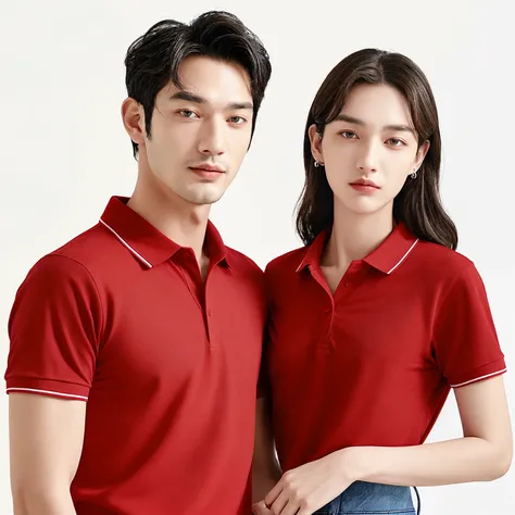 The man wearing the red polo shirt is on the right，Men&#39;s on the left，Woman&#39;s hand on man&#39;s arm