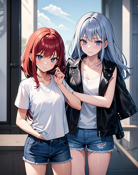 two girls, a young red-haired girl with blue eyes wearing a black leather jacket and a short white shirt with short blue denim shorts, with his 7 year old daughter, Little girl de 7 años, , Grey hair, long hair, blue eyes white short shirt, strong blue jea...