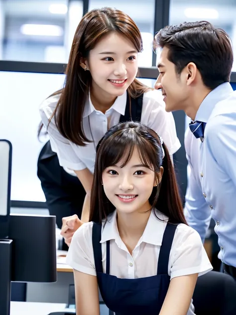 masterpiece、超High resolution、She is very cute and young like an idol...々Cute 18 year old business woman、Gentle and cute、A kind smile、Medium Bust、(Office with business desk in building)、((Having a conversation in the office with a male employee wearing a wo...