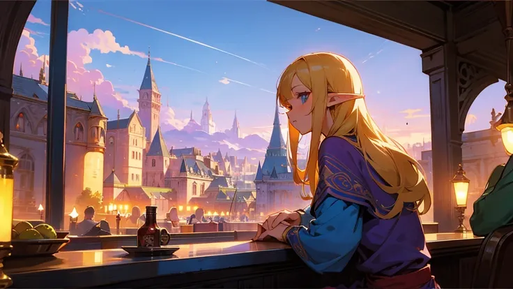 Anime Style,Nostalgic,Detailed background,Magical World,A lively bar with lots of people,Beautiful sky,Beautiful Elf with a Bard&#39;s Smile,guitar,Large Breasts,Healthy thighs