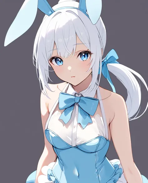 woman with white head, light blue eyes, bow tie, ponytail, and wears a bunny girl outfit.