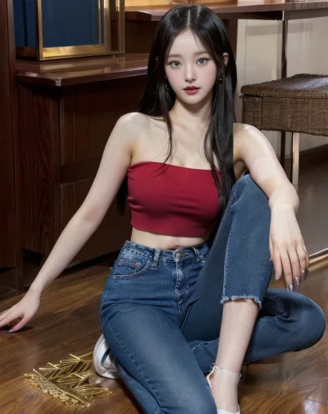 Arafed woman sitting on the floor red top jeans pants deep blue eyes., dilraba dilmurat, Chen powder, Sakimichan, Jisoo from Blackpink, wearing a sexy crop top, roseanne park by blackpink, heonhwa choe, korean female fashion model, glass, jossi de blackpin...