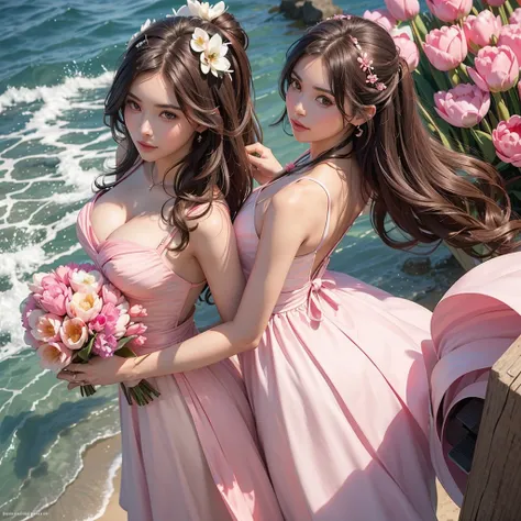 
Create a 6 profile picture of a Matured Women but different faces and hair style wearing a pink beach dress she is holding a pink tulips with her both hands and her hair is brown and the background is beach theme wedding she is a bridesmaid full body plea...