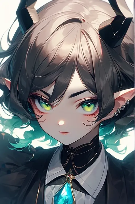 ((Лучшее качество)), ((шедевр)), (подробный), devil girl, bright green eyes, thin black eyebrows, thin black eyeliner, fiery long red wavy hair, piercing, two small horns, vampire fangs,portrait, (portrait:1,9), attention to detail, crystal