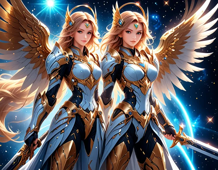 arafed a warrior angel in space battling in outer space, a female angel knight, magnificent beauty, divine beauty, dynamic hair ...