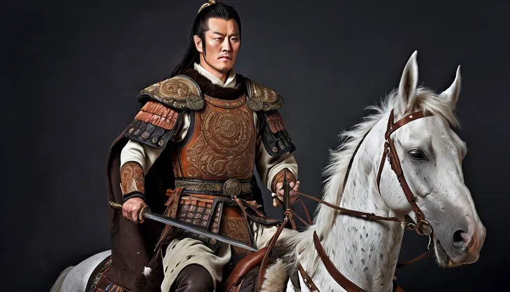 general kraus, wearing leather armor、brown leather protective gear，holding a mongolian scimitar, highly detailed characters, mon...