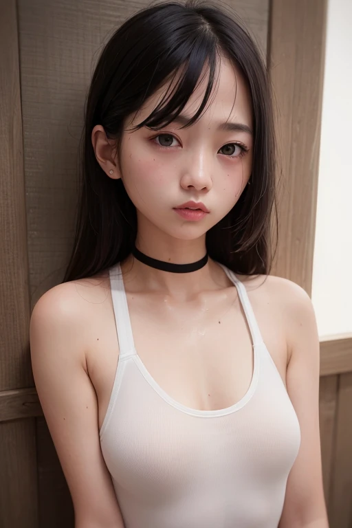 Girl in white tank top、Small breasts、Black choker、Sweaty skin、Wet clothes clinging to the body、Emphasize cleavage、Erect nipples