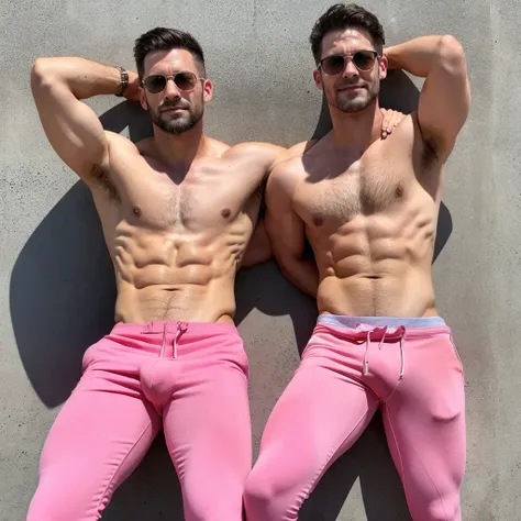 Man in tight pink pants and marks bulge