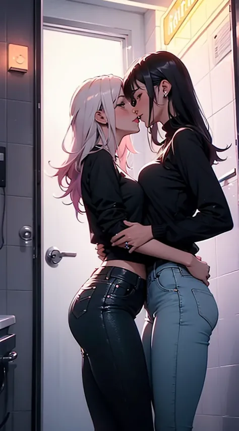 Two women aggressively making out in a bathroom, neon lights, locked bathroom door, enjoying each other wearing black jeans