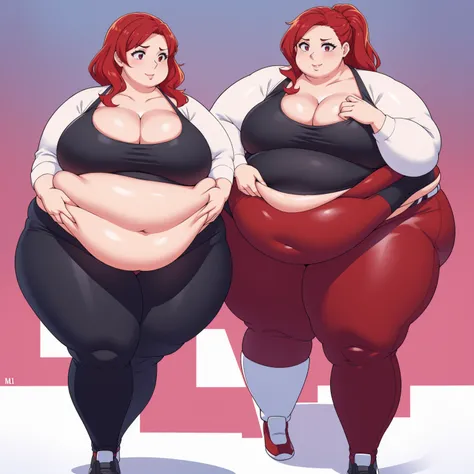 Double chin:1.1(Morbidly obese anatomy:1.1)anime woman, milf, large breasts, red hair, tight leggings white shirt cleavage seductive face