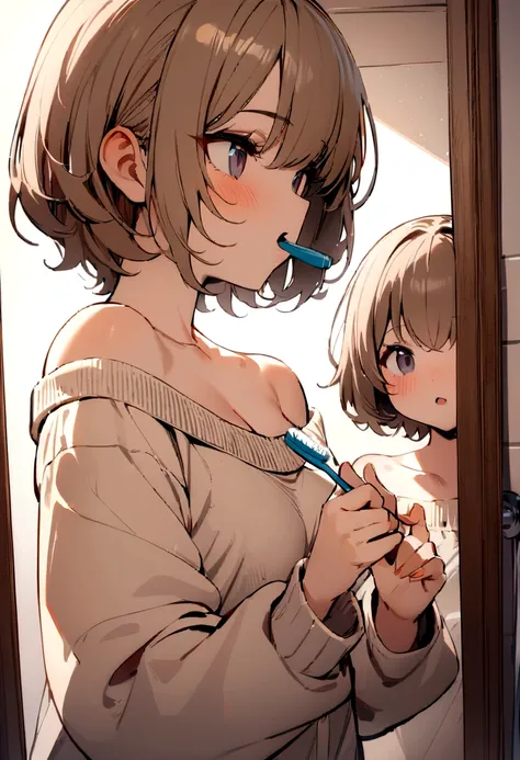 ((best quality)), ((masterpiece)), (detailed), 1girl, off-shoulder sweater, Short girl with messy short hair wearing a hoodie jacket. Brushing her teeth facing the mirror.  In bathroom