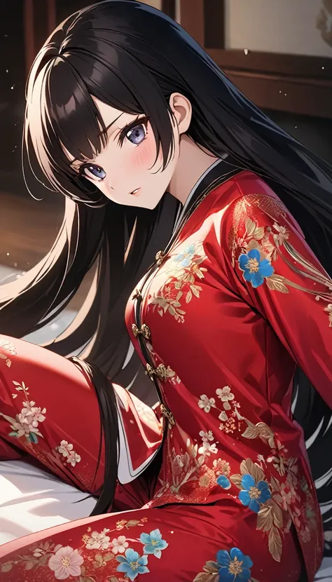 A tragic historical drama in 8k live-action style: Beautiful palace secrets　Beautiful Chinese Kung Fu Princess with long black hair having sex　Gorgeous embroidery, Ultra glossy, She is wearing a shiny red top and bottom long sleeve floral pajama kung fu su...