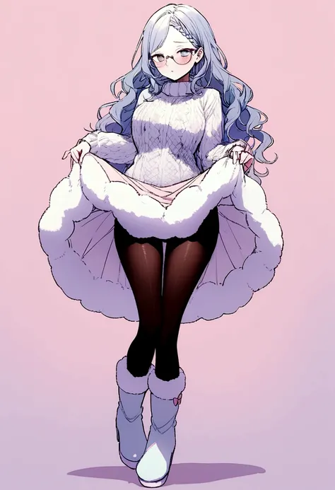 best quality, 32k, RAW photo, incredibly absurdres, extremely detailed, delicate texture, cute woman, glasses, braided bangs wavy hair, wearing fluffy long-pile knit sweater, fluffy skirt, skirt lift, pantyhose, fluffy long boots, amorous and lewd expressi...