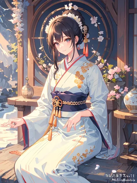 A beautiful woman in traditional Japanese attire, viewed from slightly behind, with a serene and gentle smile. She has a chignon updo hairstyle adorned with flowers and traditional hair accessories. The background features a mystical, foggy mountain landsc...