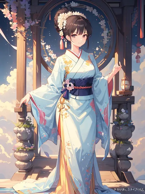 A beautiful woman in traditional Japanese attire, viewed from slightly behind, with a serene and gentle smile. She has a chignon updo hairstyle adorned with flowers and traditional hair accessories. The background features a mystical, foggy mountain landsc...