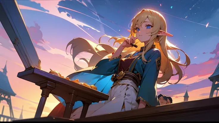 Anime Style,Nostalgic,Detailed background,Magical World,A lively bar with lots of people,Beautiful sky,Beautiful Elf with a Bard&#39;s Smile,guitar,Large Breasts,Healthy thighs