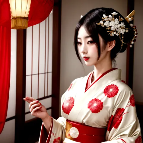 A gorgeously decorated maiko,She is a very elegant and beautiful 25-year-old woman..,Her Japanese hairstyle is beautifully decorated,Red and white traditional kimono