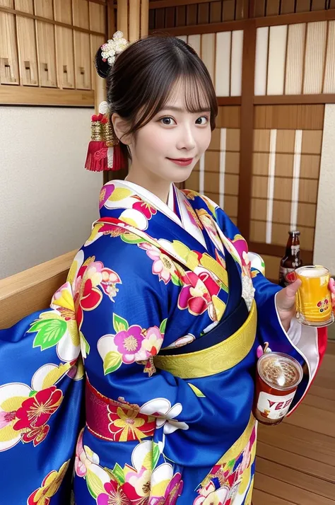 there is a woman beer in hand glass in her hand, classy yukata, Beer Advertising, yukata, In kimono, wearing a haori, Japan in the 1990s, Japanese Kimono, liquor, beer in hand!!, Japanese women, Japanese Model, Japanese style, Have a beer, Yasumoto Oka, In...