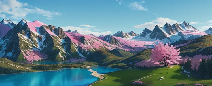 natural scenery，Mountain，Mountain石，Pink Plants，Green plants，Lake，Pink Plants布满Mountain上，Red tree，Extremely detailed，Realistic style